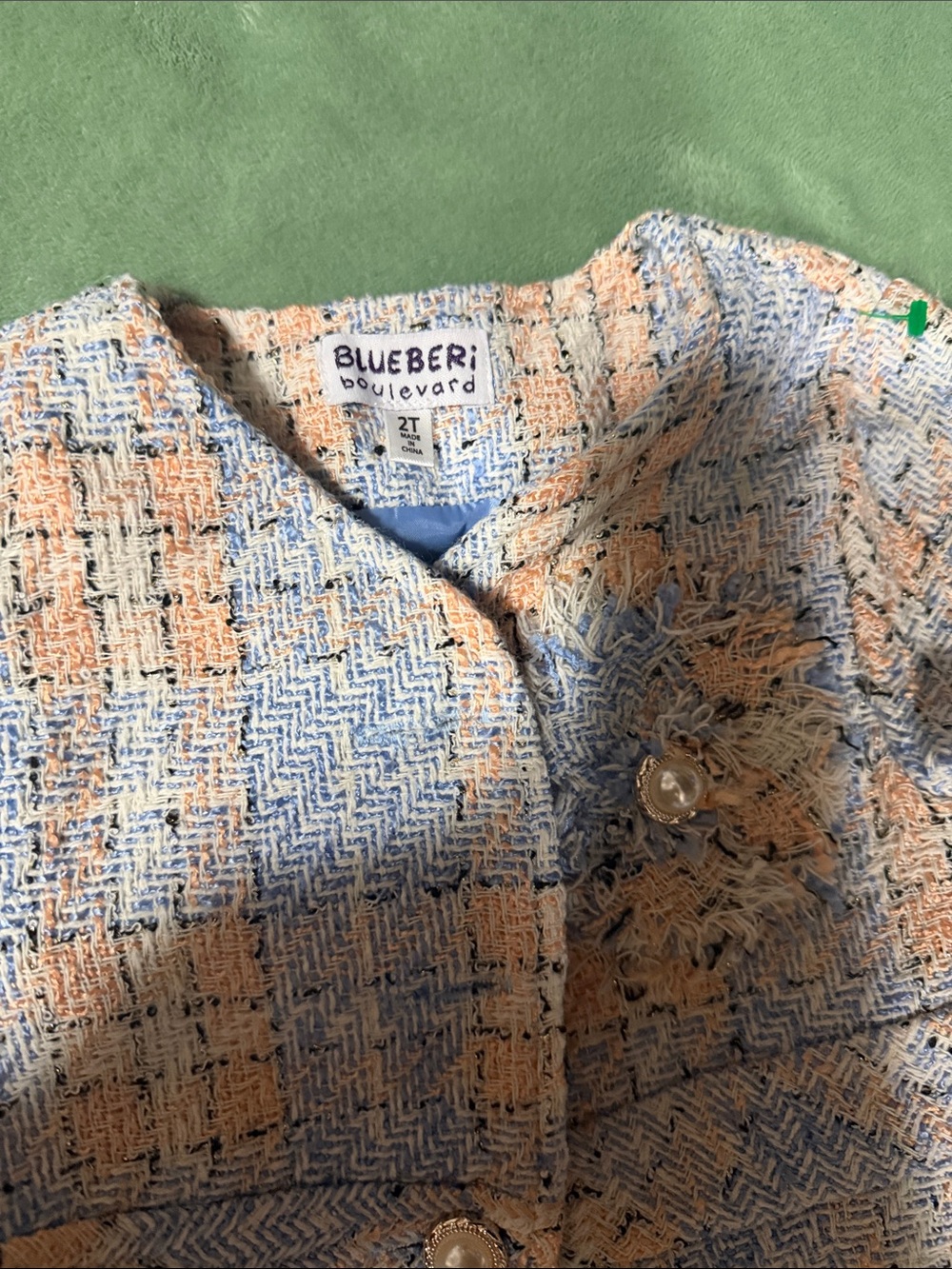 Blueberi Boulevard Tweed Blazer in Peach and Light Blue